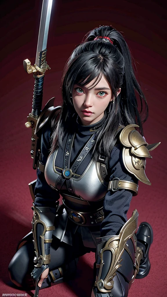 Hyperrealistic version of a woman kneeling down with a sword in her hand, very beautiful cyberpunk samurai, anime cyberpunk art, cyberpunk samurai, cyberpunk anime art, anime cyberpunk, cgsociety 9, digital cyberpunk anime art, style of maciej kuciara.1girl, samurai armor, helmet oni evil mask,intricate, ornaments detailed, cold colors, metal, egypician detail, highly intricate details, realistic light, trending on cgsociety, glowing eyes, facing camera, neon details, ultra realistic details, portrait full body, japanese atmosphere, global illumination, shadows, octane render, 8k, ultra sharp.cool lolita.