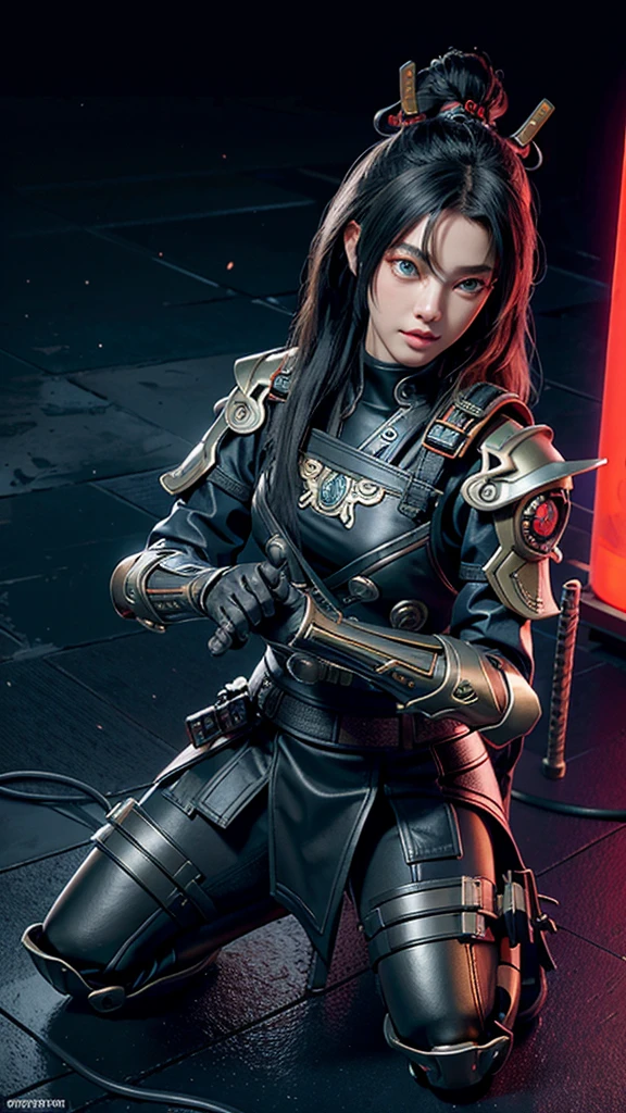Hyperrealistic version of a woman kneeling down with a sword in her hand, very beautiful cyberpunk samurai, anime cyberpunk art, cyberpunk samurai, cyberpunk anime art, anime cyberpunk, cgsociety 9, digital cyberpunk anime art, style of maciej kuciara.1girl, samurai armor, helmet oni evil mask,intricate, ornaments detailed, cold colors, metal, egypician detail, highly intricate details, realistic light, trending on cgsociety, glowing eyes, facing camera, neon details, ultra realistic details, portrait full body, japanese atmosphere, global illumination, shadows, octane render, 8k, ultra sharp.cool lolita.