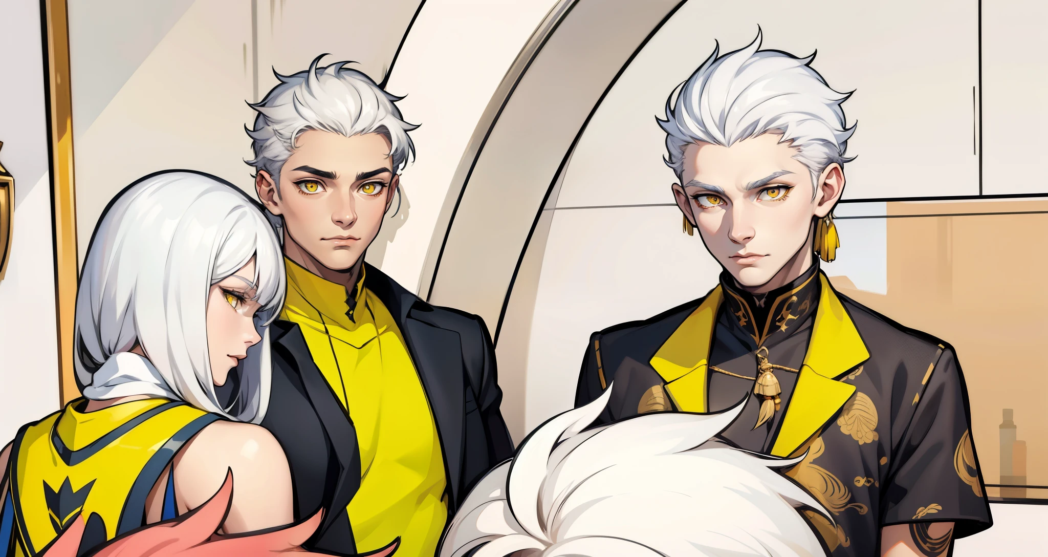 They are talking seriously, white hair, yellow eyes. 