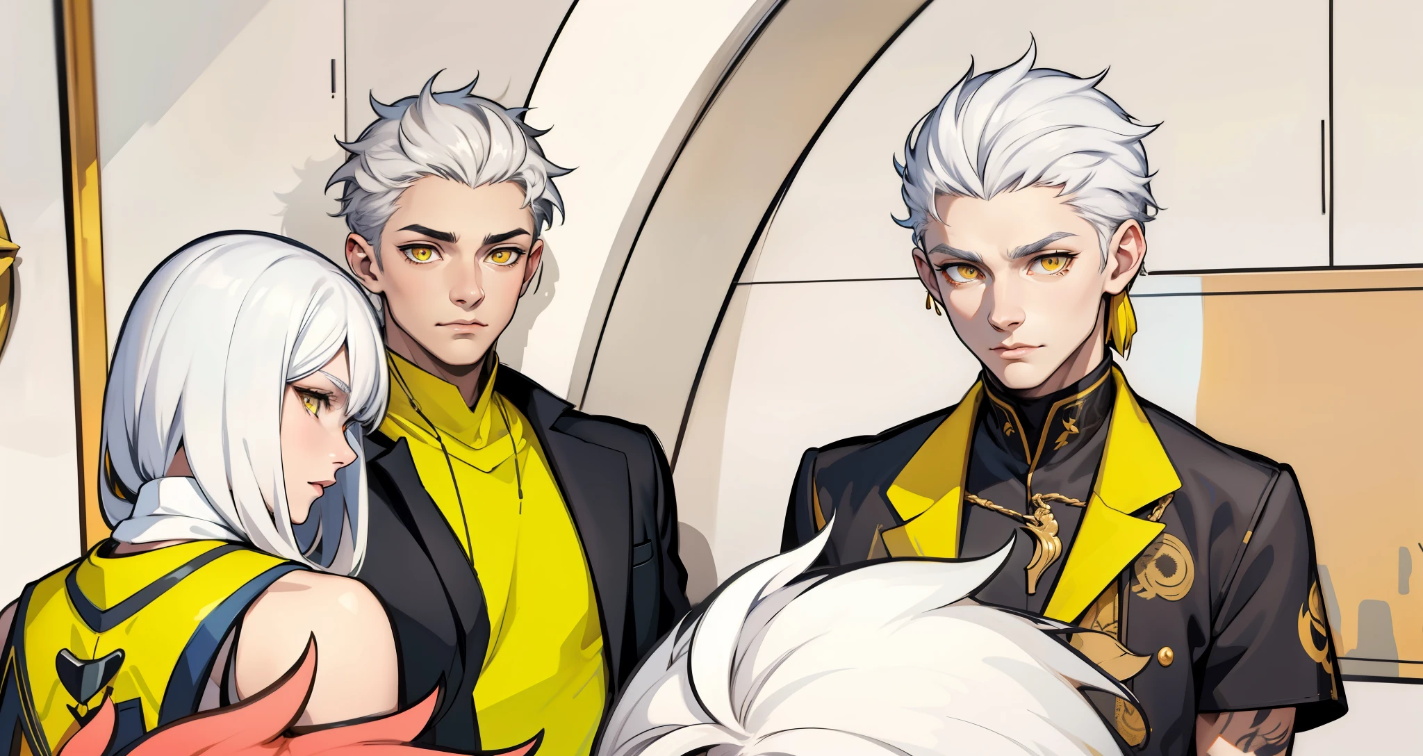 They are talking seriously, white hair, yellow eyes. 
