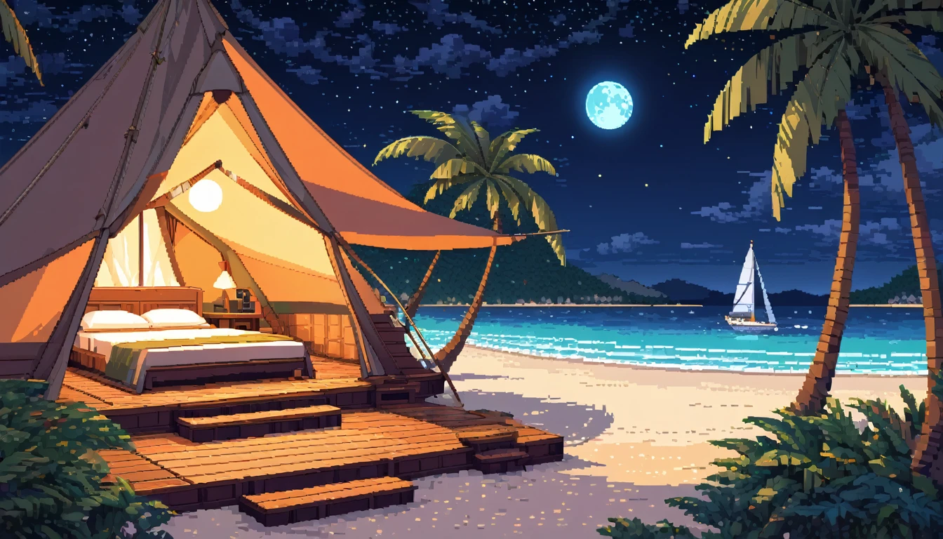 Yacht floating in the middle of beach, star-filled and full moon night sky above, intricate pixelart style, HDR, 8k, high quality, detailed interior of the tent, relaxing color palette, one yahct, shot from far.