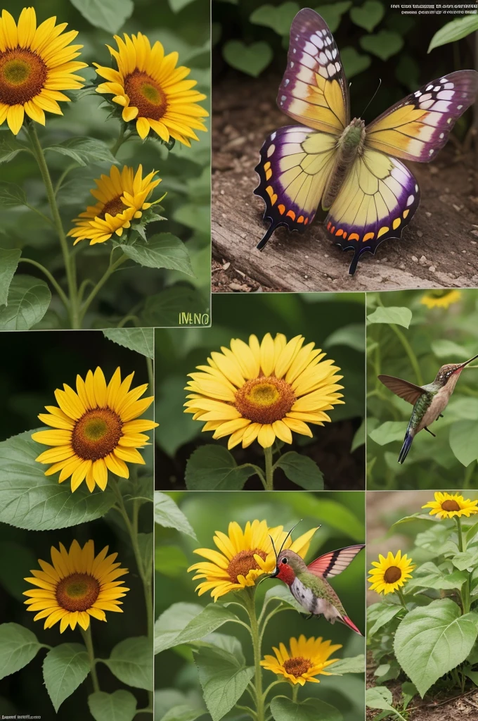 Create a comic strip with the story Comic Strip Title: "Harmony in Nature"

Quadrinho 1:

imageio: Pike, the hummingbird, flies happily towards a bright sunflower.
texto: "Pike, the hummingbird, finds the rare Sunflower in the forest."
Comic 2:

imageio: Pike bebe o néctar da Flor-de-Sol, while Melina, the butterfly, approaches with a smile.
texto: "He drinks the nectar and, in exchange, helps spread flower pollen. Melina sees Flor-de-Sol as the perfect place for her eggs."
Comic 3:

imageio: Melina lays her eggs on the Sunflower leaf, enquanto Pike continua a beber néctar. The flower shines brightly.
texto: "Everyone benefits from this harmonious relationship, ensuring the survival of everyone in the forest."
End of the strip
