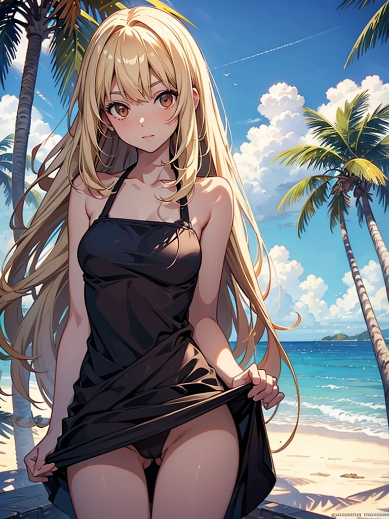 masterpiece, rich colors, Best quality, detailed, high resolution, Hyper quality, high detail, , high quality, detailing, skinny ???? girl on the beach , bright lighting , Brown eyes, Anime, palm trees, bright lighting, blonde,