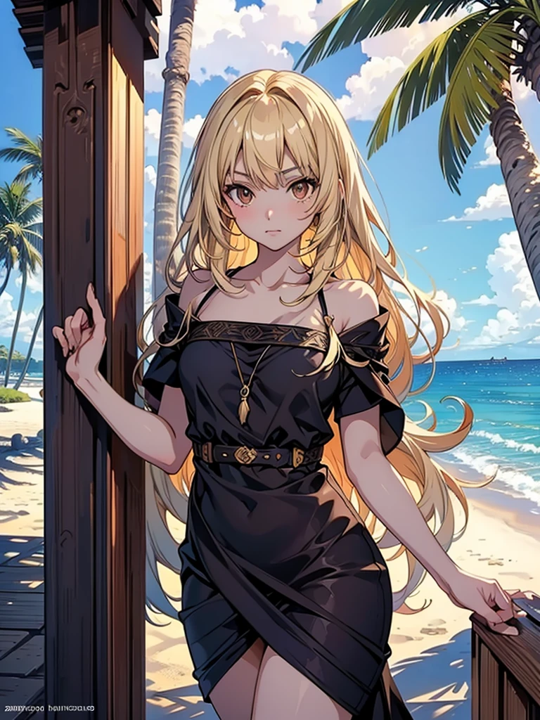 masterpiece, rich colors, Best quality, detailed, high resolution, Hyper quality, high detail, , high quality, detailing, skinny sexy girl on the beach , bright lighting , Brown eyes, Anime, palm trees, bright lighting, blonde,