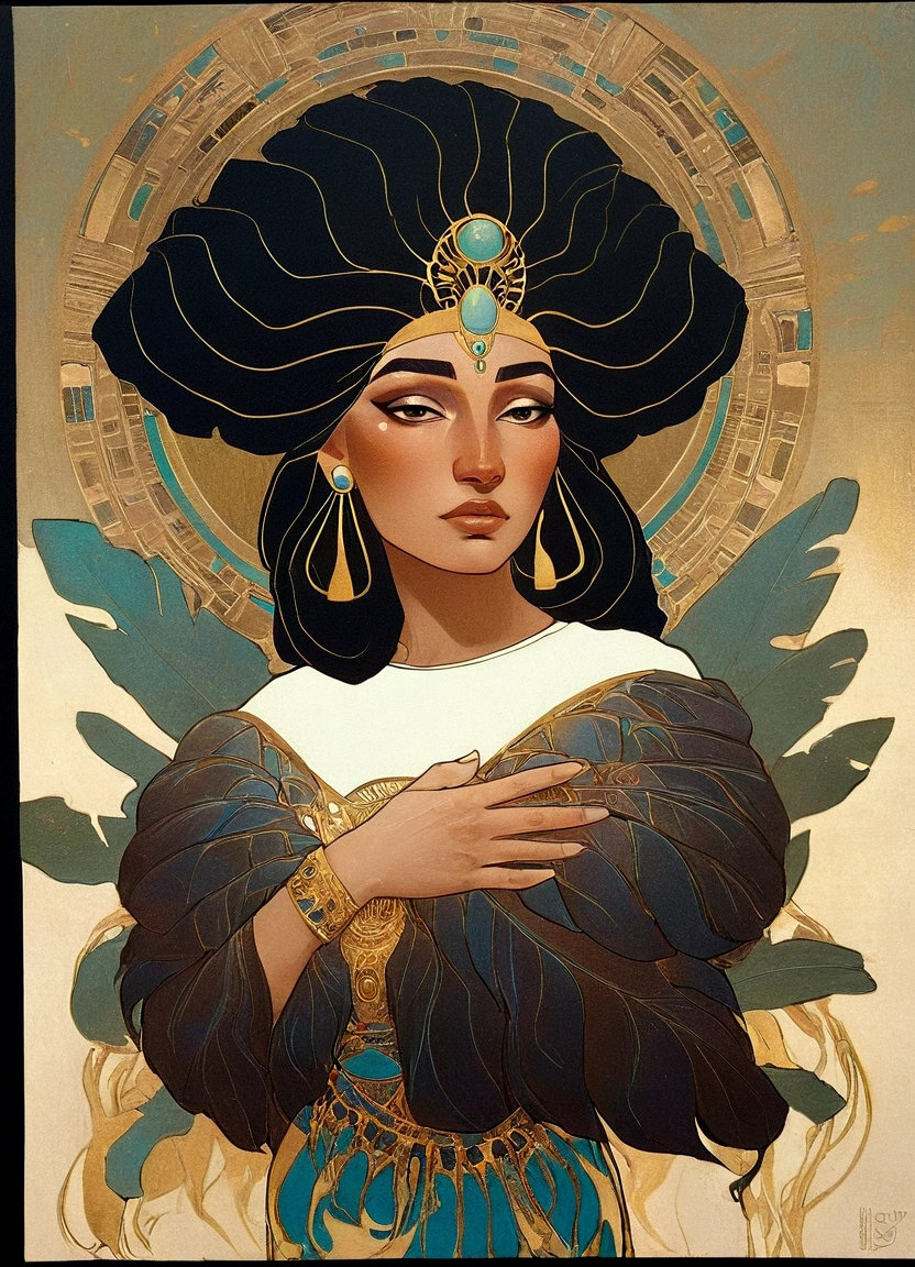 a beautiful goddess isis, egyptian goddess, alphonse mucha style, detailed crown, queenie gesture, ornate headdress, flowing robes, golden skin, piercing eyes, intricate details, ethereal lighting, dreamlike atmosphere, vibrant colors, dramatic pose, masterpiece, 8k, ultra-detailed, photorealistic, cinematic, glowing aura