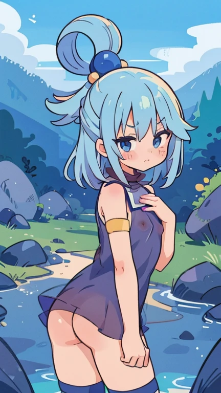 (a girl,masterpiece,8k,naked,choker,stockings, herself on the butt,pouting,looks at her chest, flat chest),(vivid colors,purple halo, blue hair, aqua from kinosuba, landscape,