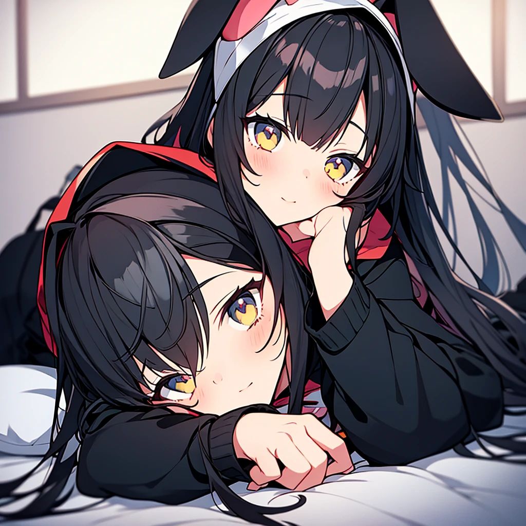 anime girl with hoodie and bunny ears on her head, anime moe art style, black haired girl lying on her bed