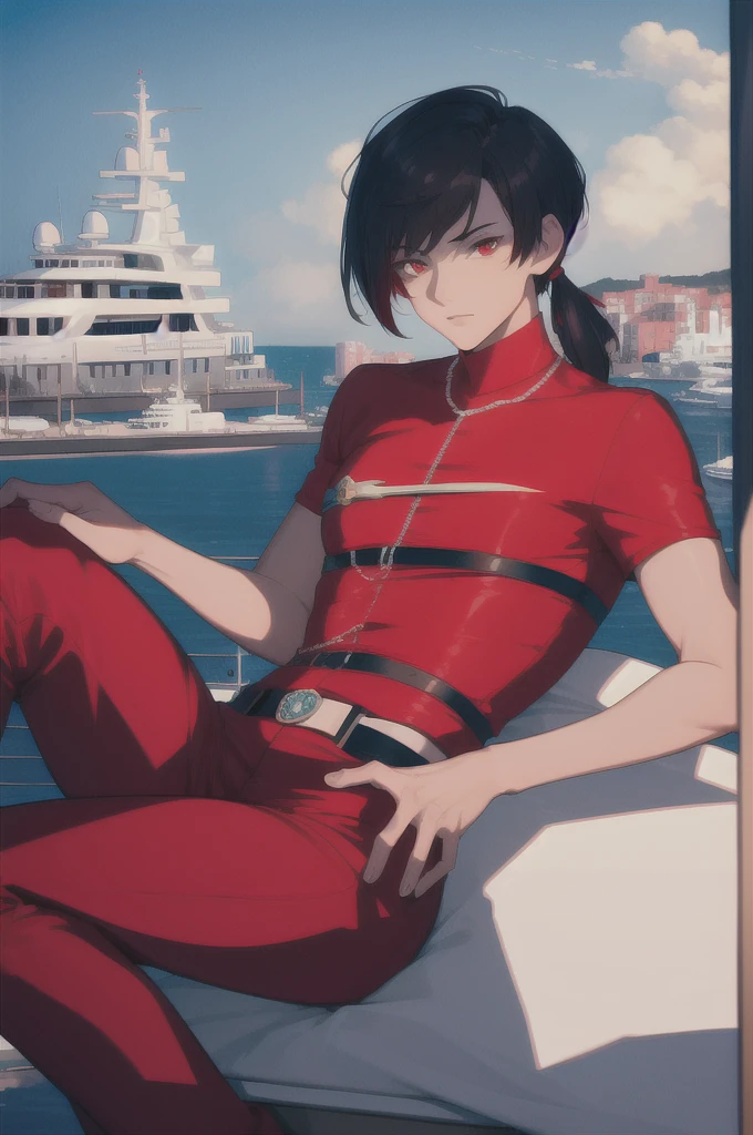 ((masterpiece:1.2, best quality)), 4k, 1boy, adult, male focus,mullet haircut,red eyes,aged up, casual clothes, (bright sky:1.2), (luxury yacht:1.3), (on a yacht), ocean background, birds