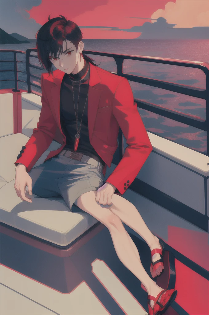 ((masterpiece:1.2, best quality)), 4k, 1boy, adult, male focus,mullet haircut,red eyes,aged up, casual clothes, (bright sky:1.2), (luxury yacht:1.3), (on a yacht), ocean background, birds