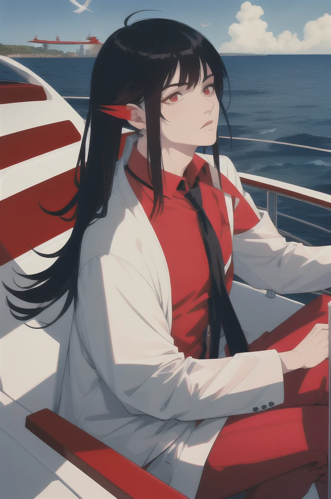 ((masterpiece:1.2, best quality)), 4k, 1boy, adult, male focus,mullet haircut,red eyes,aged up, casual clothes, (bright sky:1.2), (luxury yacht:1.3), (on a yacht), ocean background, birds