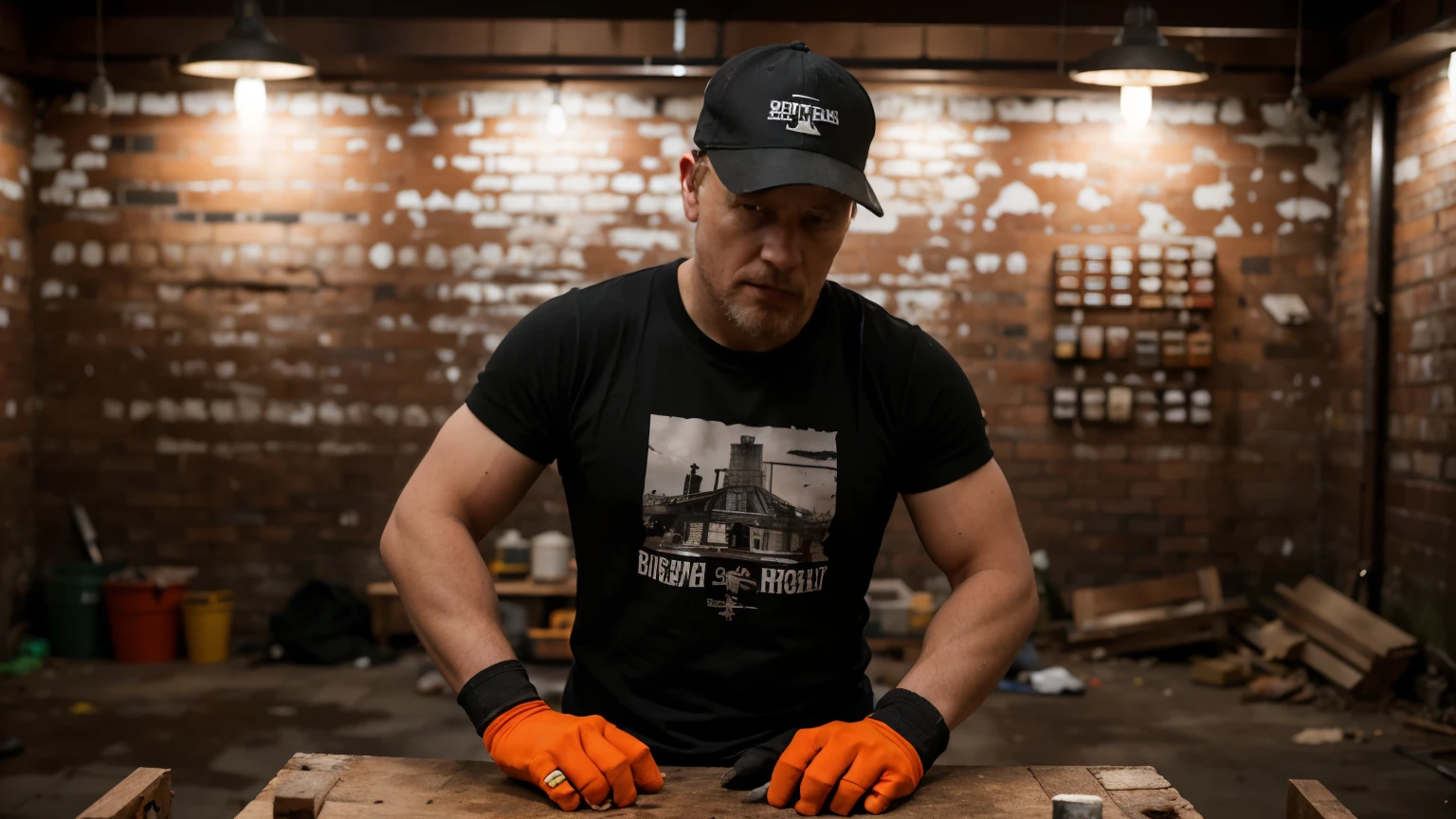 (8k, photo raw, best quality, ultra detailed, high resolution, photorealistic, extremely detailed), UHD, bricklayers crew with black t-shirts and orange gloves, construction site, brick walls, power tools, safety equipment, dynamic pose, thinking hard and working, realistic lighting, gritty urban setting, industrial atmosphere