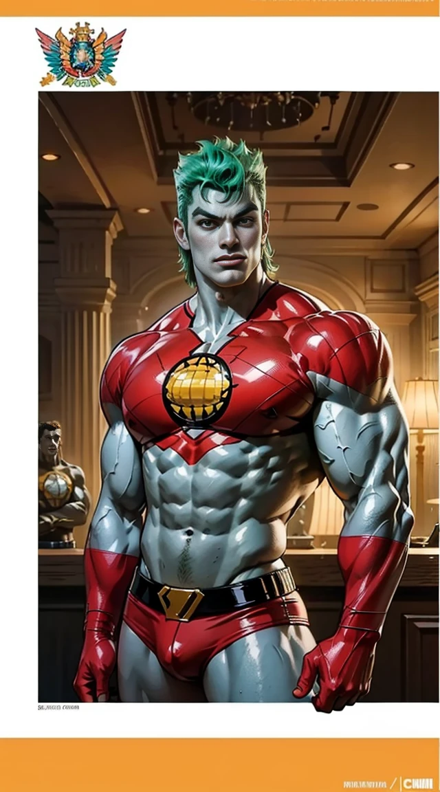 female captain planet, design sheet, captain planet, colored skin, green hair, masterpiece, slendered abs ,muscular, veins, big arms, chiseled chest, detailed , shiny skin, powerful, godlike