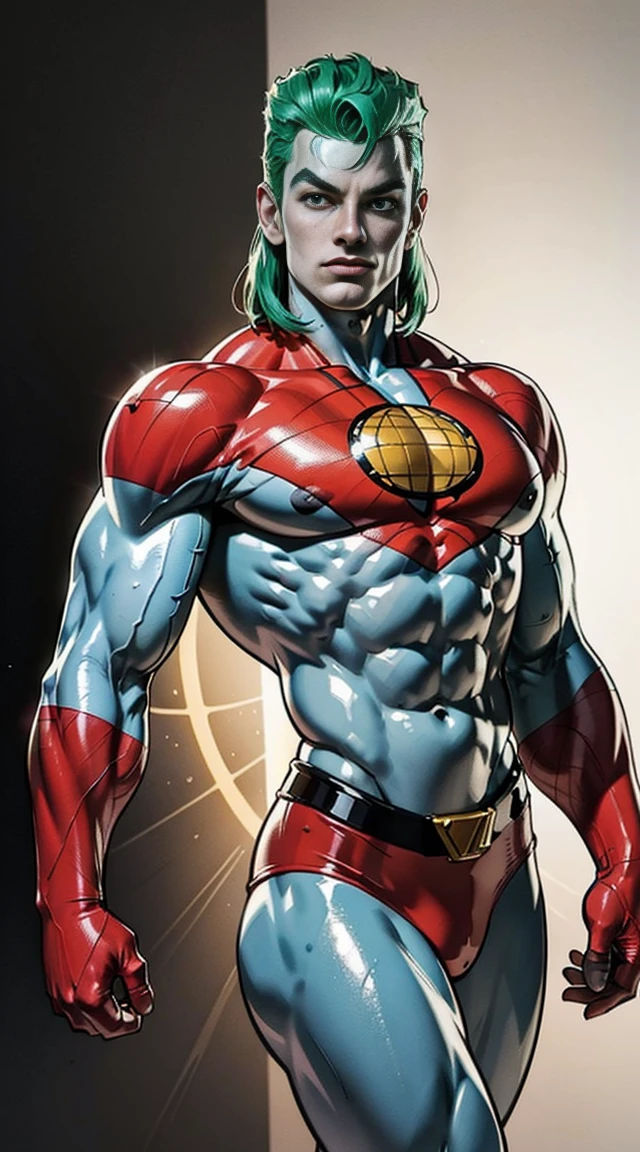 female captain planet, design sheet, captain planet, colored skin, green hair, masterpiece, slendered abs ,muscular, veins, big arms, chiseled chest, detailed , shiny skin, powerful, godlike