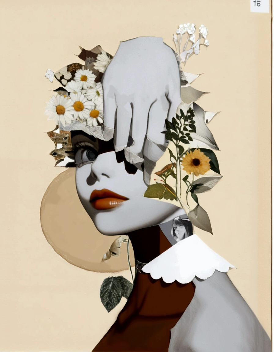 there is a woman with a flower crown on her head, collage art, a contemporary artistic collage, collage artwork, paper collage art, contemporary collage, paper collage, paper cut out collage artwork, surreal collage, ( collage ), cut and paste collage, cut out collage, inspired by Hannah Höch, collaged, mixed media collage, digital collage, mixed media photography