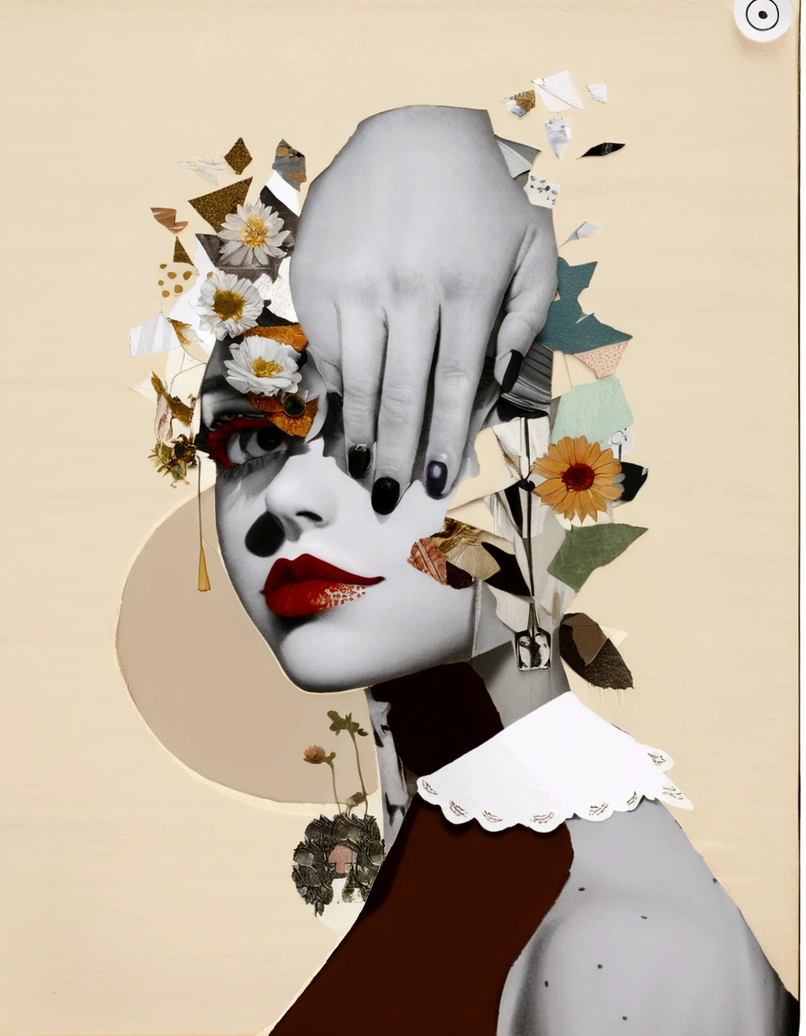 there is a woman with a flower crown on her head, collage art, a contemporary artistic collage, collage artwork, paper collage art, contemporary collage, paper collage, paper cut out collage artwork, surreal collage, ( collage ), cut and paste collage, cut out collage, inspired by Hannah Höch, collaged, mixed media collage, digital collage, mixed media photography
