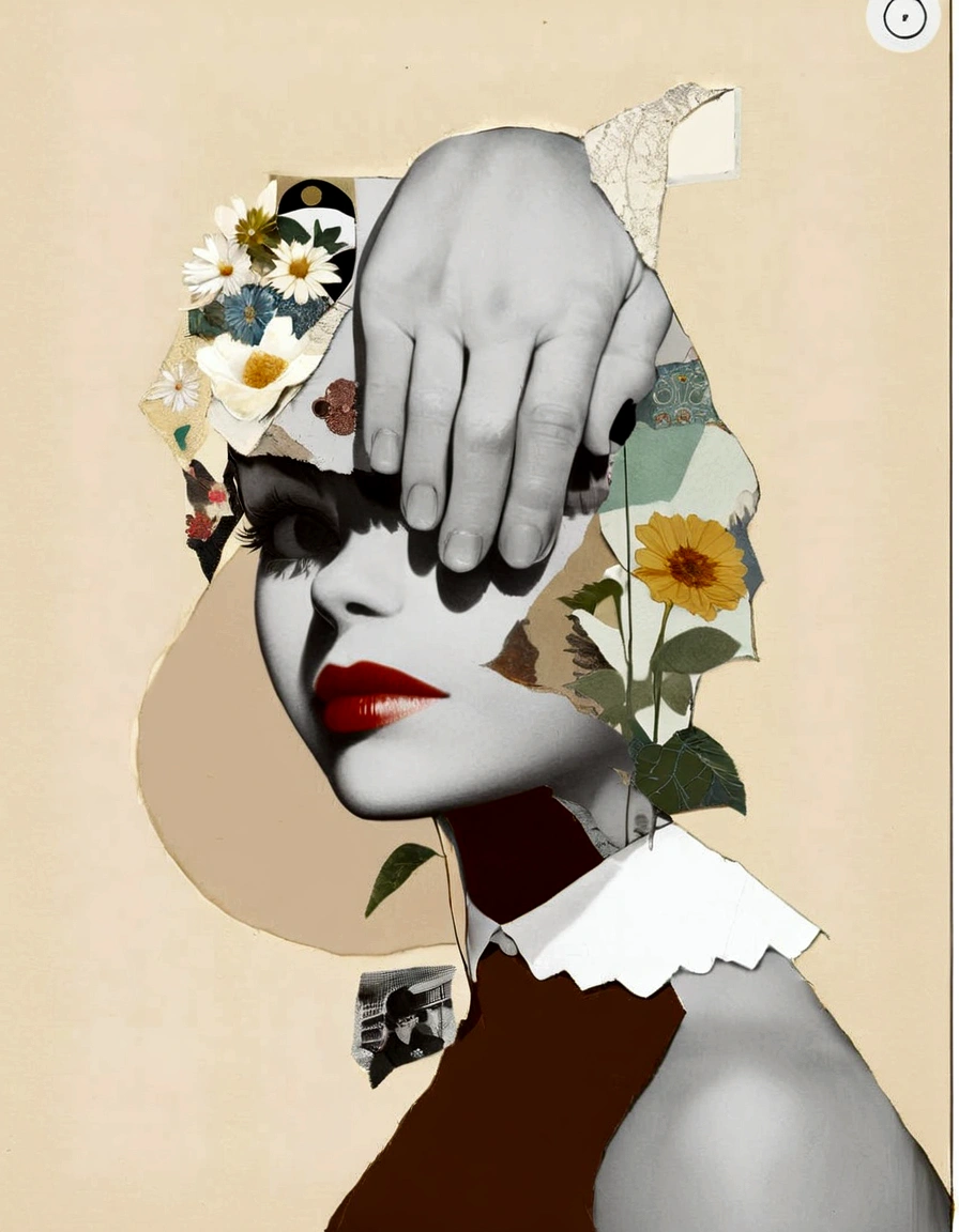 there is a woman with a flower crown on her head, collage art, a contemporary artistic collage, collage artwork, paper collage art, contemporary collage, paper collage, paper cut out collage artwork, surreal collage, ( collage ), cut and paste collage, cut out collage, inspired by Hannah Höch, collaged, mixed media collage, digital collage, mixed media photography