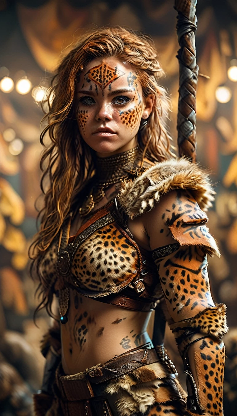 (best quality,ultra-detailed),(realistic:1.37), full body shot, scene:sexy muscled female barbarian,red long hair,sexy barbarian armor outfit, lots of cheetah fur details, six packs,detailed chetah fur tunic under armor, scouting plain nearby on savana ,medium:oil painting,material:fine canvas,additional details:gorgeous golden accessories,jewelry, cheetah leather boots, cheetah fur coat ,art style:fantasy,colors:rich and vibrant,lighting:soft golden sunlight