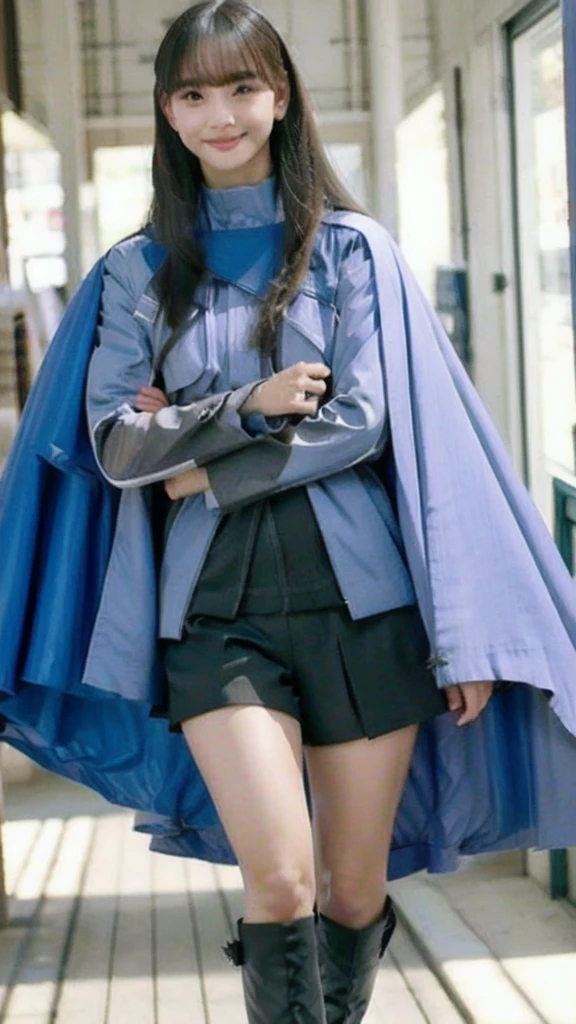 (extremely detailed CG), (best quality), perfect face, shiny skin, lustrous skin, solo narrow waist, wide hips rinniekudo, long hair, bangs, black hair, long sleeves, jewelry, jacket, black skirt, cape, ring, shorts, black shorts, blunt bangs, boots,indoors, smile,black eyes,Fluffy costumes、I can see her panties、Big Breasts