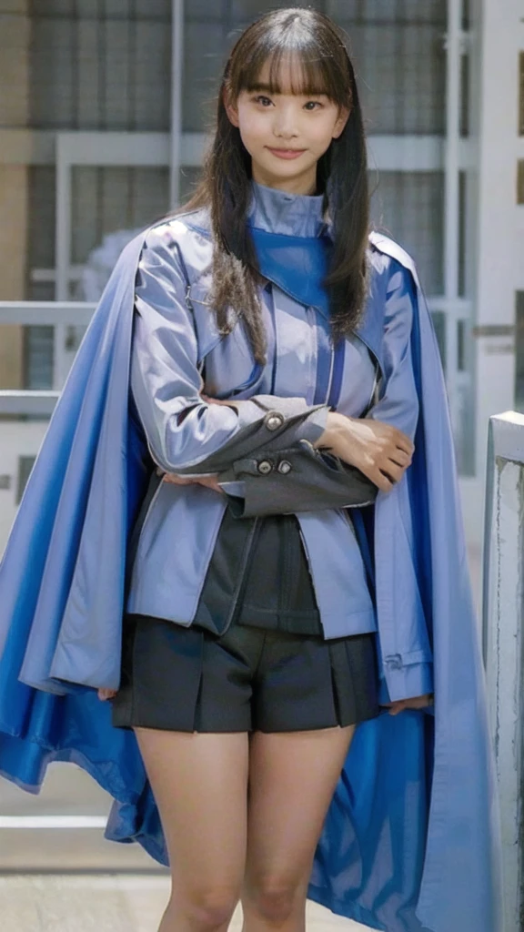 (extremely detailed CG), (best quality), perfect face, shiny skin, lustrous skin, solo narrow waist, wide hips rinniekudo, long hair, bangs, black hair, long sleeves, jewelry, jacket, black skirt, cape, ring, shorts, black shorts, blunt bangs, boots,indoors, smile,black eyes,Fluffy costumes、I can see her panties、Big Breasts