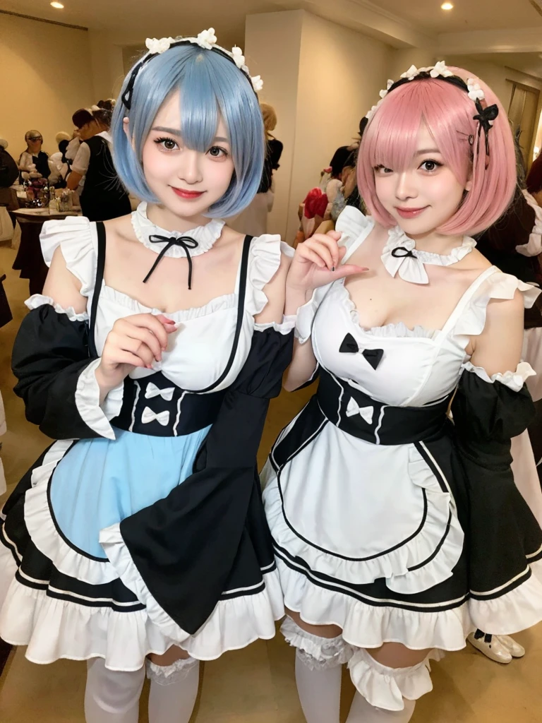 Accurate depiction with high resolution,(8K, Photorealistic, Raw photo, of the highest quality: 1.3), (1girl in), Super beautiful, (Realistic face), (boyish, pink Color Berry Shorthair), Beautiful , Glare that captivates the viewer, Beautiful expression, Beautiful , (Realistic skin), Be...Create a detailed and colorful image of Ram and Rem from Re:Zero, standing back-to-back in their maid outfits, with a magical fantasy background、14years old, two girls,cute, perfect face, beautiful, nice body, gothic lolita clothes, gothic lolita fashion, frilly skirt, headdress, necklace, bracelet, knee-high socks, boots, double eyelids, tear bags, Detailed down to the fingers, photo-like description, indoors, dim indoor lighting, one girl is pink hair and short bob, another girl is light blue hair and short bob,standing,whole body, composition that shows the whole body, smiling,The Both of them are wearing the same type of maid outfit,Optimal ratio of 4 fingers and 1 thumb,walking