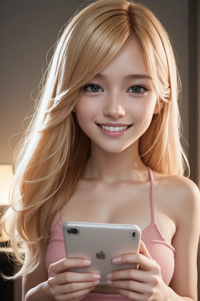 A girl,croped rosa,blondie hair,fone gamer rosa ,Grinning, side lighting,pink back ground