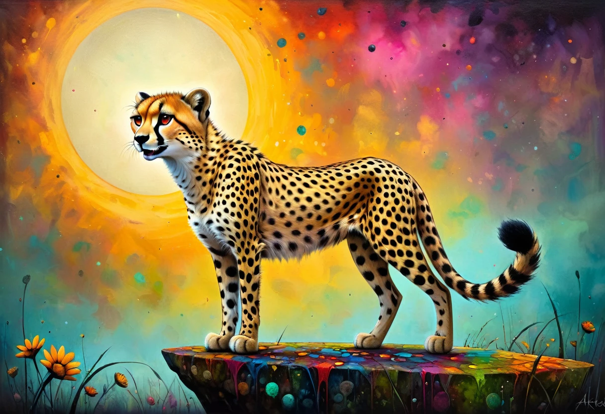 funny cheetah stimpunk ( stile by Andy-Kehoe), very colorful, ((oil painting palette)), ((masterpiece)), extreme detail, perspective, 8k