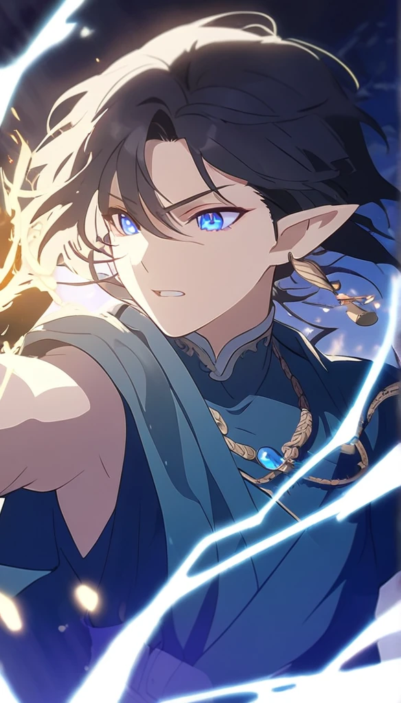 1man, elven ears, electric god, blue black hair, short messy hairstyle, glowing blue eyes, electric spark, priest, elegant thai clothes,