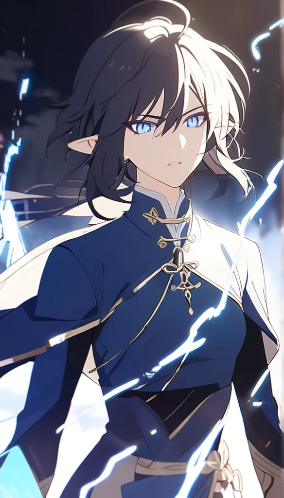 1man, elven ears, electric god, blue black hair, short messy hairstyle, glowing blue eyes, electric spark, priest, elegant thai clothes,