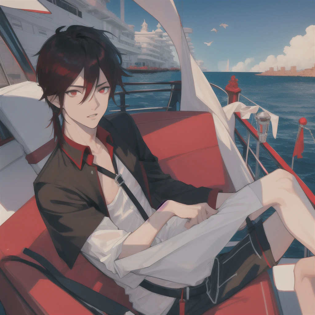 ((masterpiece:1.2, best quality)), 4k, 1boy, adult, male focus,mullet haircut,red eyes,aged up, casual clothes, (bright sky:1.2), (luxury yacht:1.3), (on a yacht), ocean background, birds