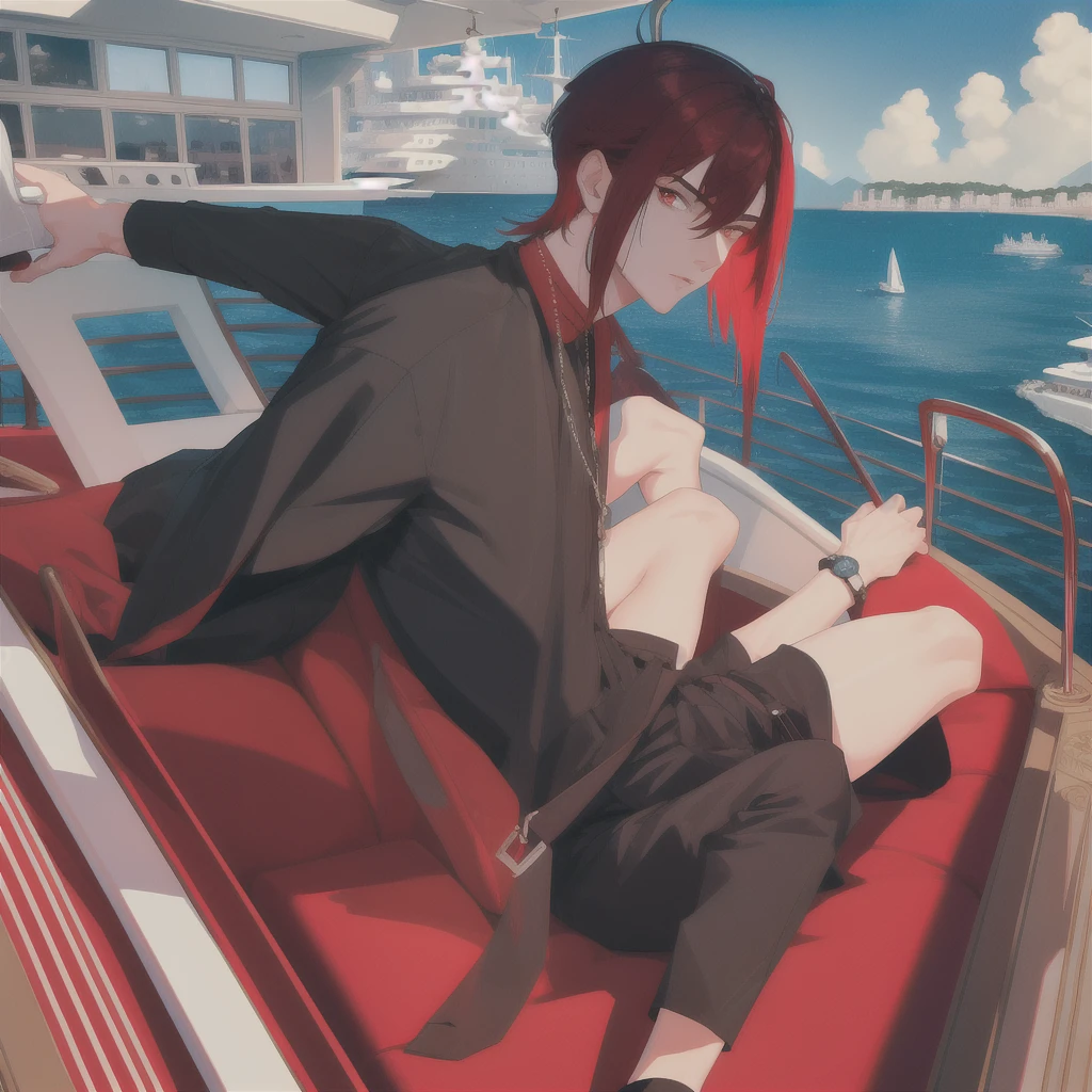 ((masterpiece:1.2, best quality)), 4k, 1boy, adult, male focus,mullet haircut,red eyes,aged up, casual clothes, (bright sky:1.2), (luxury yacht:1.3), (on a yacht), ocean background, birds