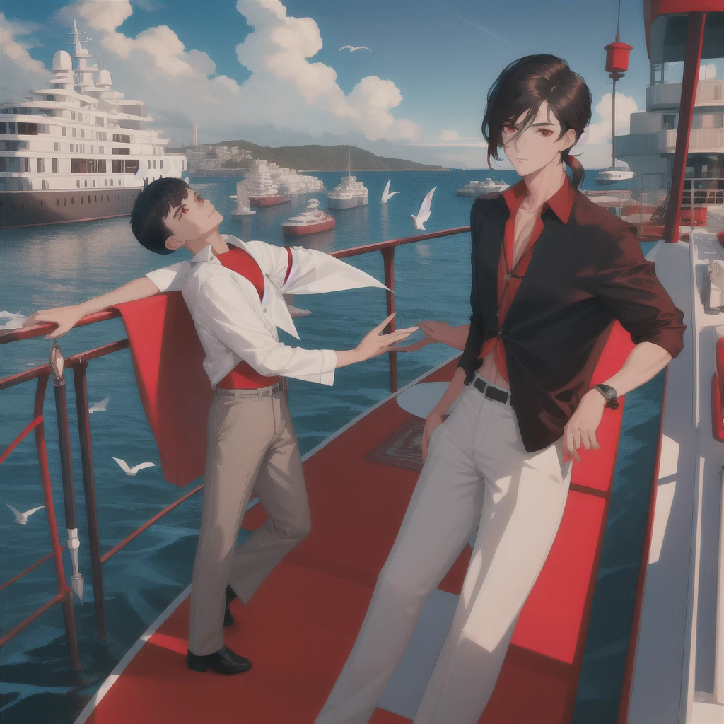 ((masterpiece:1.2, best quality)), 4k, 1boy, , male focus,mullet haircut,red eyes,aged up, casual clothes, (bright sky:1.2), (luxury yacht:1.3), (on a yacht), ocean background, birds
