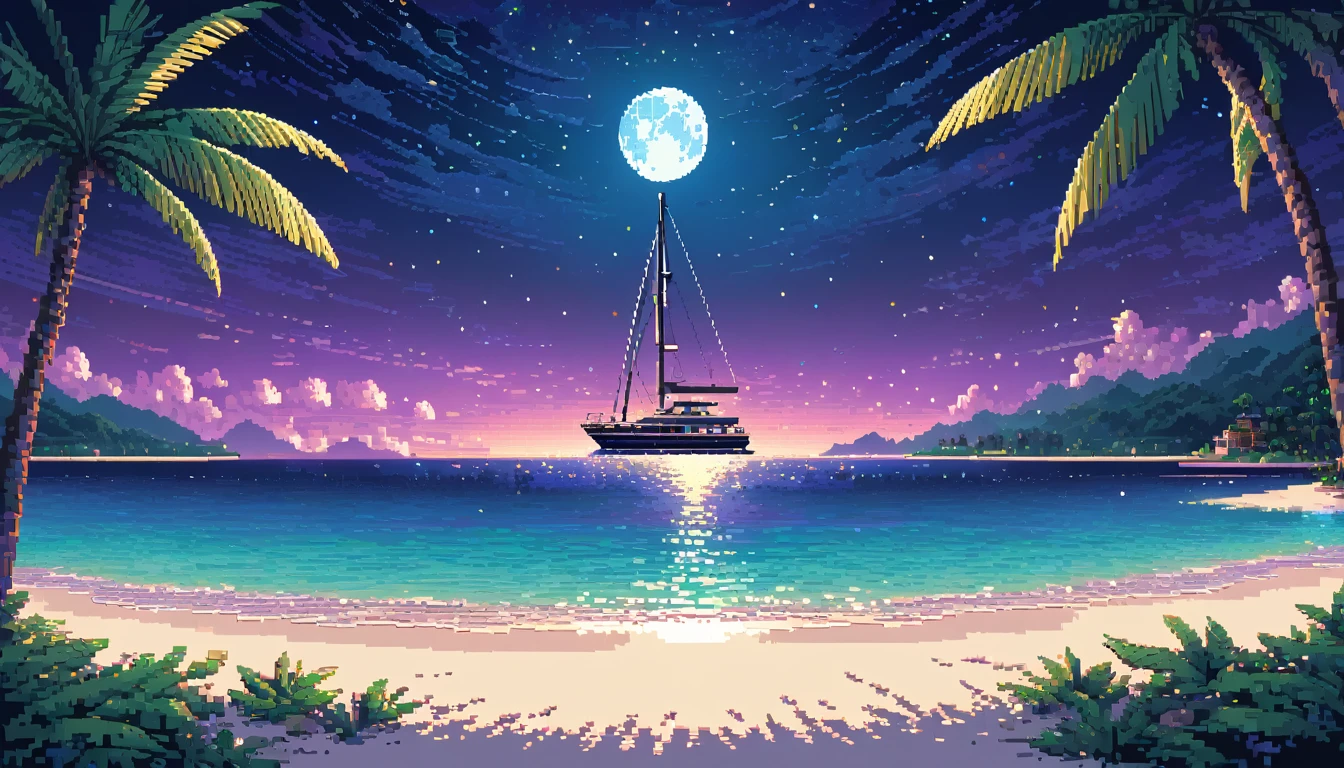 Yacht floating in the middle of beach, star-filled and full moon night sky above, intricate pixelart style, HDR, 8k, high quality, relaxing color palette, one yahct, shot from far.
