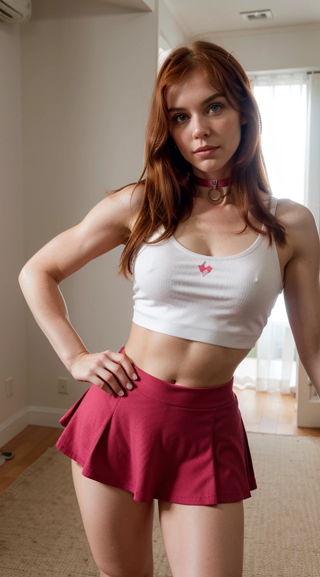 Photo of redhaired girl as a superheroine, straight redhaired, bangs, skirt,  super powerful, pink eyes, midriff, pink converse shoes, white socks, toned arms, abs, tall and sexy, powerful, superb face, perfect body, tall, happy, smug, large chest, choker collar 