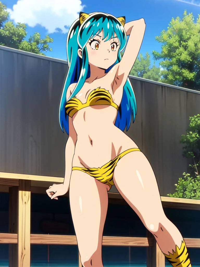 lum,bikini,Anime girl in a tiger costume leans on the railing, anime drawing by Kentaro Miura, Tumblr, free figure, screenshot from guro anime, Urusei Yatsura, asuka as a surfer model, girl knights of the zodiac, anime with cel-shading, We are one part, us from one piece, monokinis, anime movie screenshot