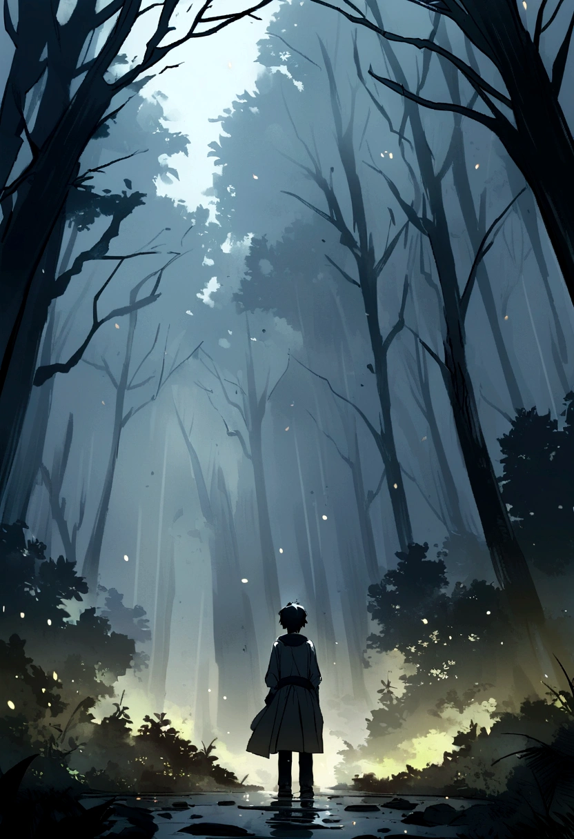 A smart boy wakin in the forest in the rainy sessions 