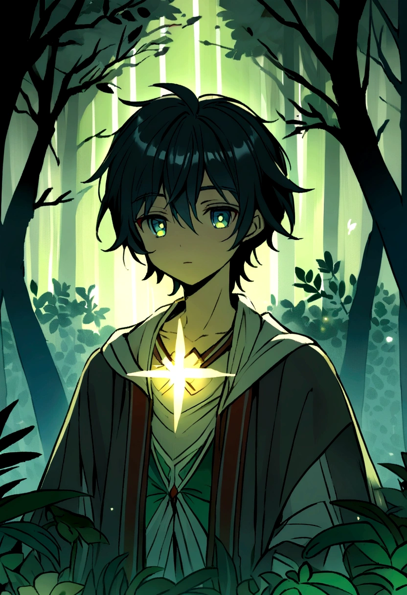 A smart boy wakin in the forest in the rainy sessions 