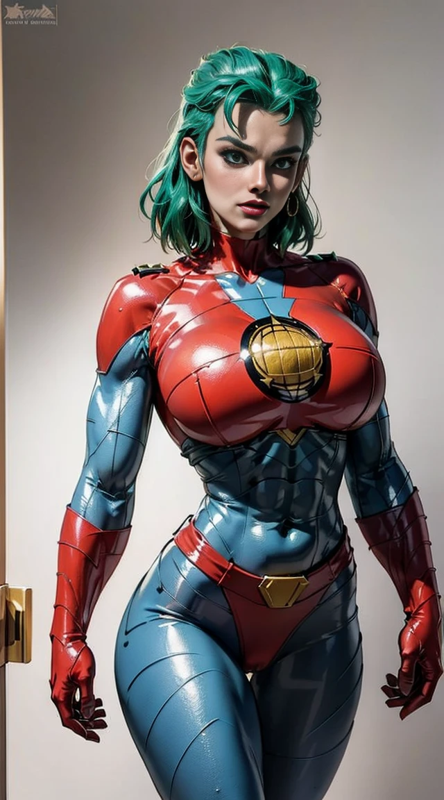 (((female captain planet))), design sheet, captain planet, colored skin, green hair, masterpiece, slendered abs ,muscular, veins, big arms, chiseled chest, detailed , shiny skin, powerful, godlike