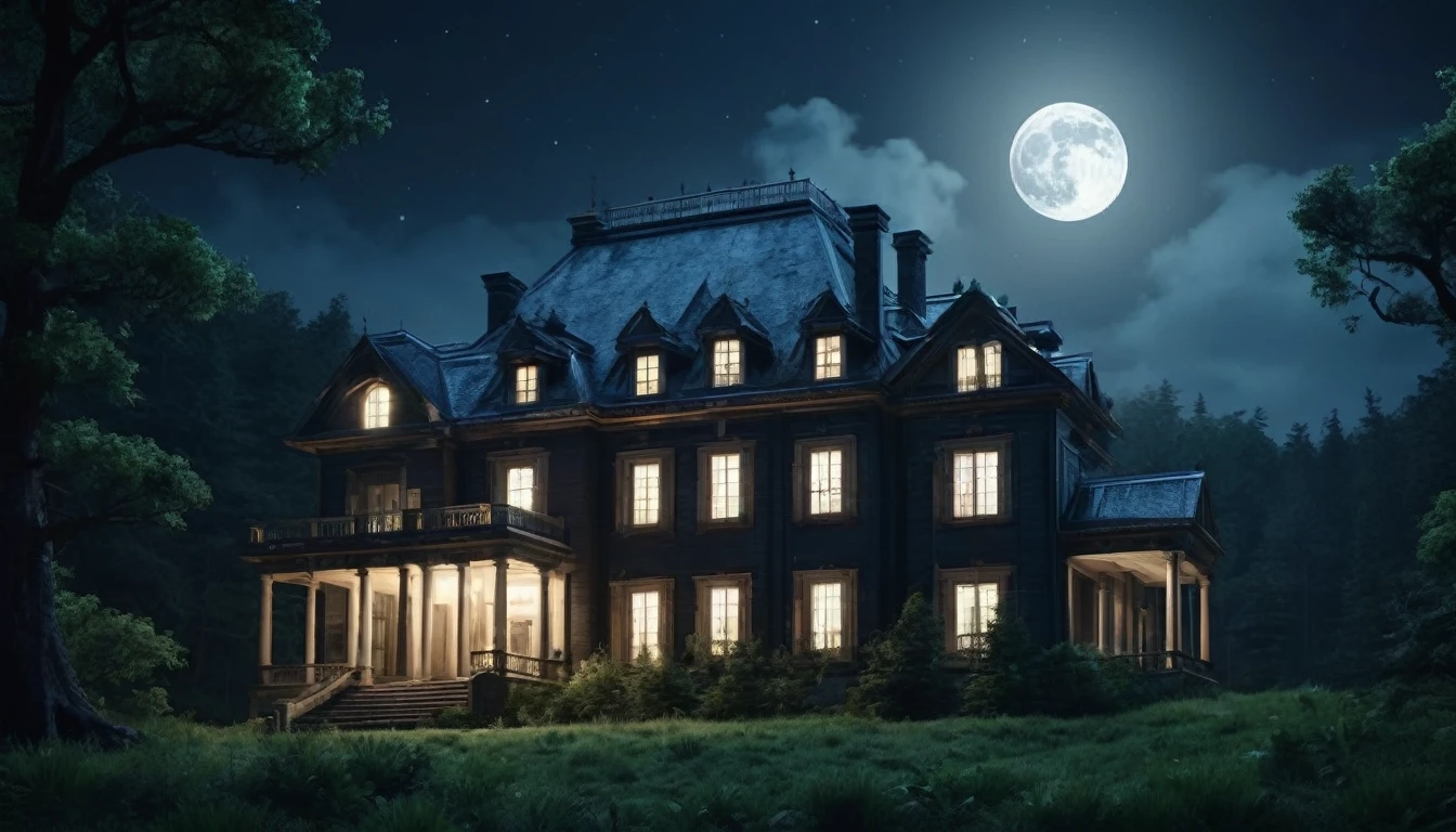 create the image of a gloomy, weathered mansion high on a hill, surrounded by dense forest, it's night and the full moon shines overhead 4k realistic