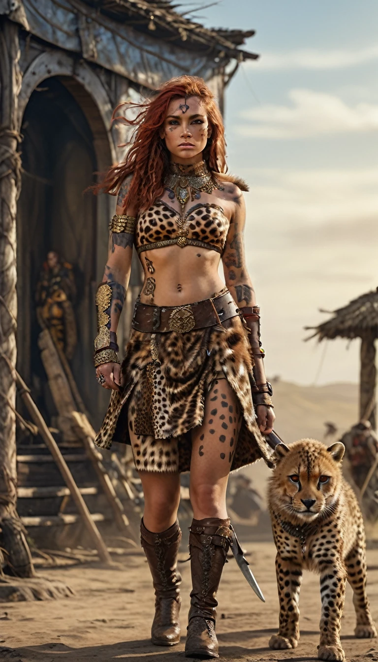 (best quality,ultra-detailed),(realistic:1.37), full body shot, scene:sexy muscled female barbarian,red long hair,sexy barbarian armor outfit, lots of cheetah fur details, six packs,detailed chetah fur tunic under armor, cheetah tattoo, scouting plain nearby on savana ,medium:oil painting,material:fine canvas,additional details:gorgeous golden accessories,jewelry, cheetah leather boots, cheetah fur coat ,art style:fantasy,colors:rich and vibrant,lighting:soft golden sunlight