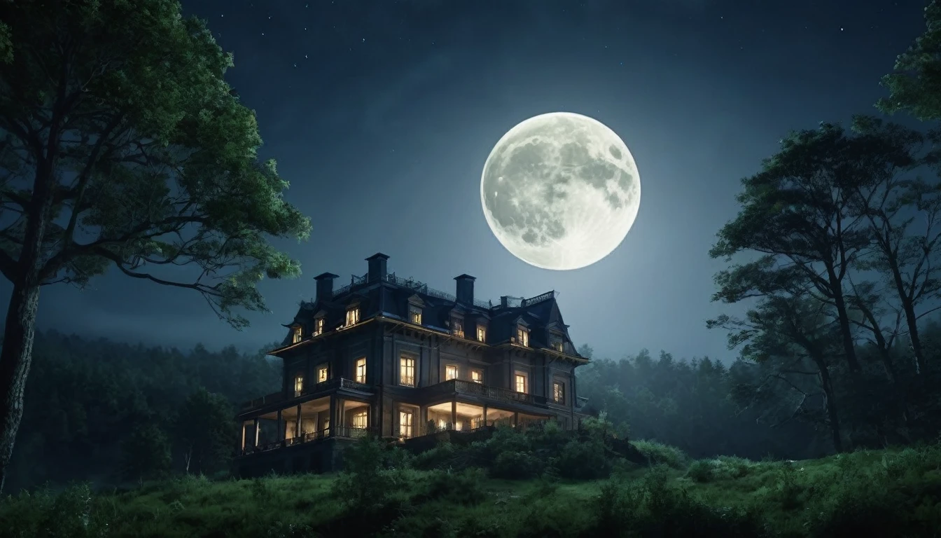 create the image of a gloomy, weathered mansion high on a hill, surrounded by dense forest, it's night and the full moon shines overhead 4k realistic