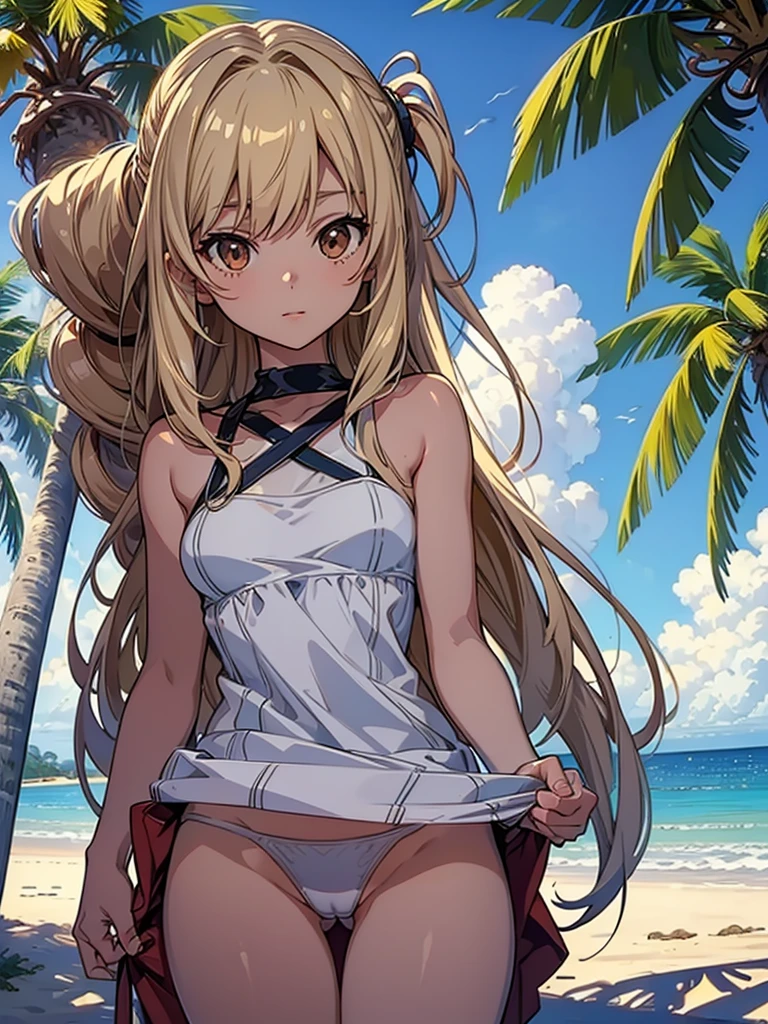 masterpiece, rich colors, Best quality, detailed, high resolution, Hyper quality, high detail, , high quality, detailing, skinny sexy girl on the beach , bright lighting , Brown eyes, Anime, palm trees, bright lighting, blonde,