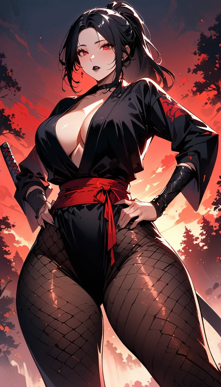 (high quality, 8k, 4K, high contrast, artwork:1.2, high quality, best aesthetics), (dynamic angle), ((1 woman)), , sensual, mature body, super detailed, beautiful face detailed, beautiful eyes detailed, detailed beautiful mouth, sexy body, perfect breats, perfect wide thighs, black hair, short black hair, ponytail hair, red eyes, serious  expression, women's black ninja kimono with red clouds printed, black fishnet pantyhose, black lipstick, kunoichi, ninja girl, forest, standing,  posture, centralized, looking at the viewer, front view.