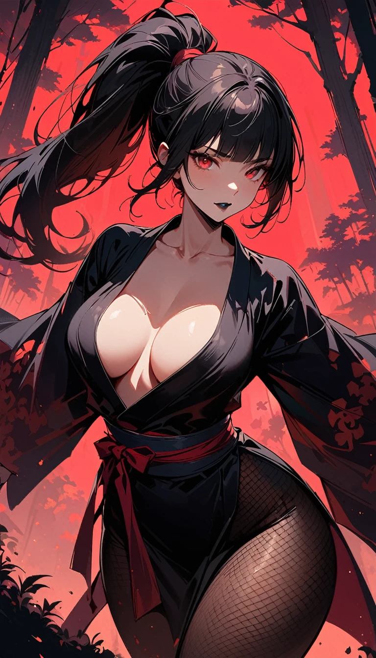 (high quality, 8k, 4K, high contrast, artwork:1.2, high quality, best aesthetics), (dynamic angle), ((1 woman)), erotic, sensual, mature body, super detailed, beautiful face detailed, beautiful eyes detailed, detailed beautiful mouth, sexy body, perfect breats, perfect wide thighs, black hair, short black hair, ponytail hair, red eyes, serious facial expression, women's black ninja kimono with red clouds printed, black fishnet pantyhose, black lipstick, kunoichi, ninja girl, forest, standing, erect posture, centralized, looking at the viewer, front view.