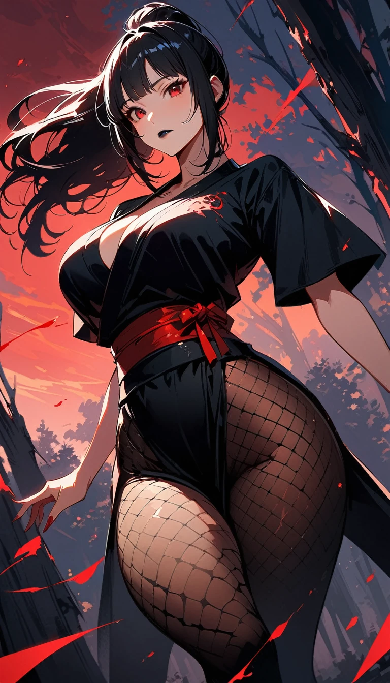 (high quality, 8k, 4K, high contrast, artwork:1.2, high quality, best aesthetics), (dynamic angle), ((1 woman)), erotic, sensual, mature body, super detailed, beautiful face detailed, beautiful eyes detailed, detailed beautiful mouth, sexy body, perfect breats, perfect wide thighs, black hair, short black hair, ponytail hair, red eyes, serious facial expression, women's black ninja kimono with red clouds printed, black fishnet pantyhose, black lipstick, kunoichi, ninja girl, forest, standing, erect posture, centralized, looking at the viewer, front view.
