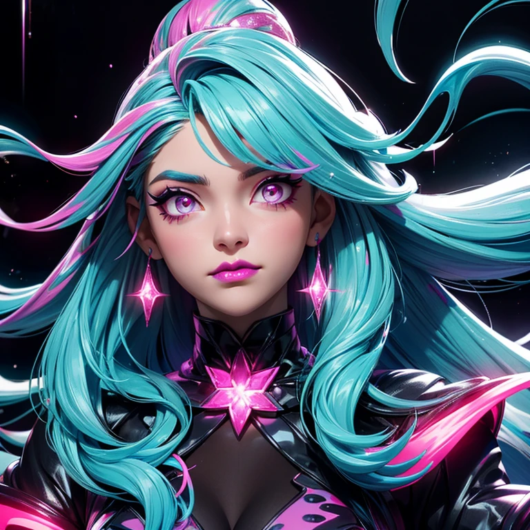 a portrait of a woman who looks very bored, glitter slime dripping from her face, she has long hair with colored streaks, neon lipstick