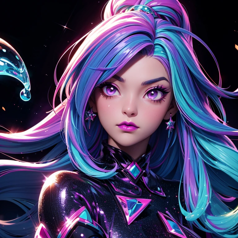 a portrait of a woman who looks very bored, glitter slime dripping from her face, she has long hair with colored streaks, neon lipstick