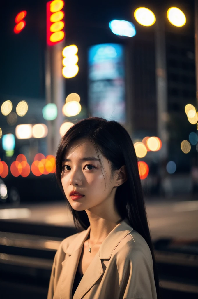 (Cinematic Aesthetic:1.4) Photo of a beautiful korean fashion model bokeh city night