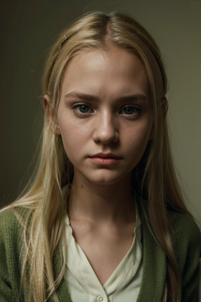 blond woman with long hair wearing green cardigan and white collared shirt, a hyperrealistic , hyperrealistic , portrait of high school girl, similar to malfoy, teenage female , frown fashion model, hugh kretschmer, inspired by Martin Schoeller, erwin olaf, realistic , robin eley, eva elfie,looking down,look at the viewer,from below