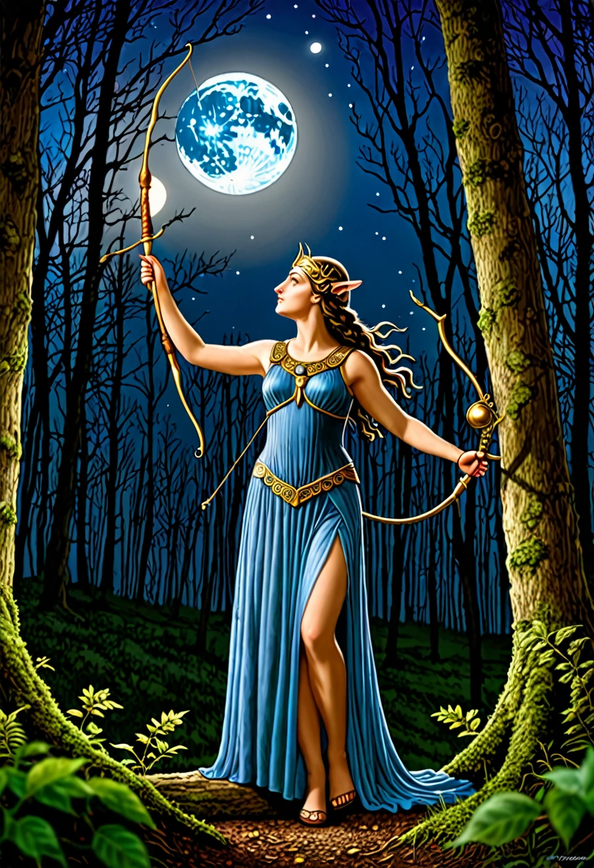 Goddess of the hunt Artemis, dans la forêt, en train de regarder la lune, HD