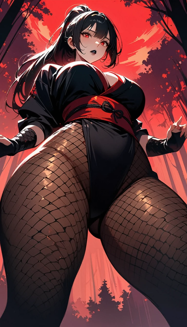 (high quality, 8k, 4K, high contrast, artwork:1.2, high quality, best aesthetics), (dynamic angle), ((1 woman)), erotic, sensual, mature body, super detailed, beautiful face detailed, beautiful eyes detailed, detailed beautiful mouth, sexy body, perfect breats, perfect wide thighs, black hair, short black hair, ponytail hair, red eyes, serious facial expression, women's black ninja kimono with red clouds printed, black fishnet pantyhose, black lipstick, kunoichi, ninja girl, forest, standing, erect posture, centralized, looking at the viewer, front view.